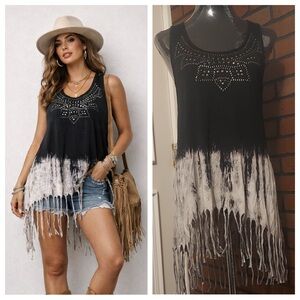 Black Tie Dye Fringe Studded Tunic Tank M Boho Fairycore Festival